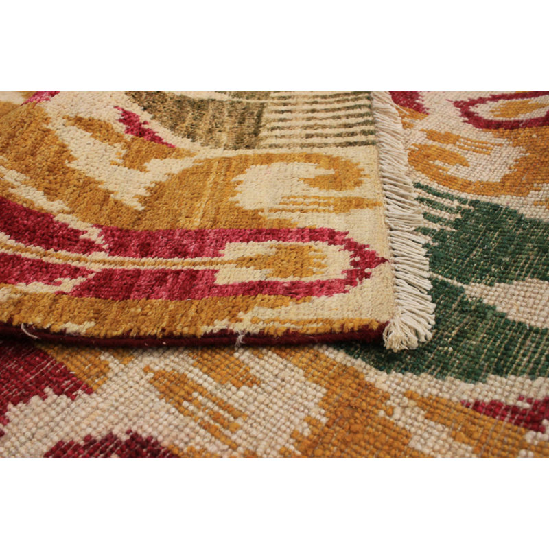 Tapis unique jaune / rose en laine noué à la main style Mogul des années 2010 4 pi x 6 pi 3 po Kao