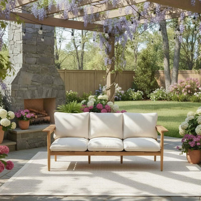 3-Seater Acacia Wood Outdoor Sofa with Beige Cushions, Light Teak Finish