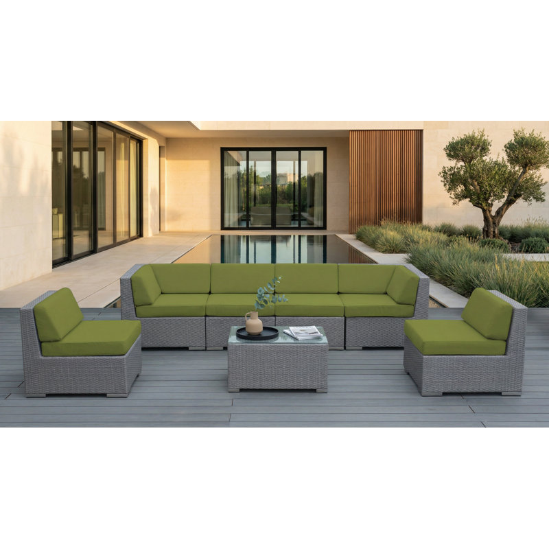 Ensemble de conversation en osier pour 6 personnes avec coussins Barneveld - sans assemblage, Sunbrella Ara, Gris