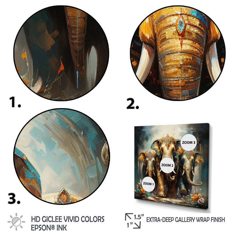 Art asiatique, éléphants thaïlandais X - Art mural asiatique, Cadre doré simple, H 30 po x l 30 po x P 1 po