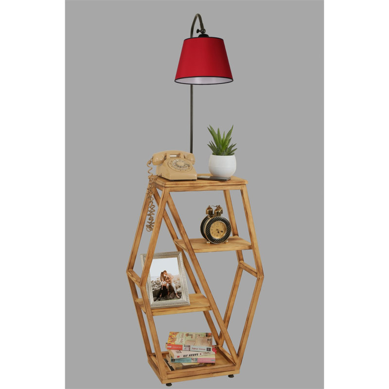 Lampe sur pied moderne avec structure en métal et bibliothèque 100% bois de sapin, hauteur 65,0 pouces | Peinture électrostatique séchée au four, couleur rouge | Douille E27, 40 W maximum | Éclairage élégant et rangement fonctionnel pour la décoration intérieure
