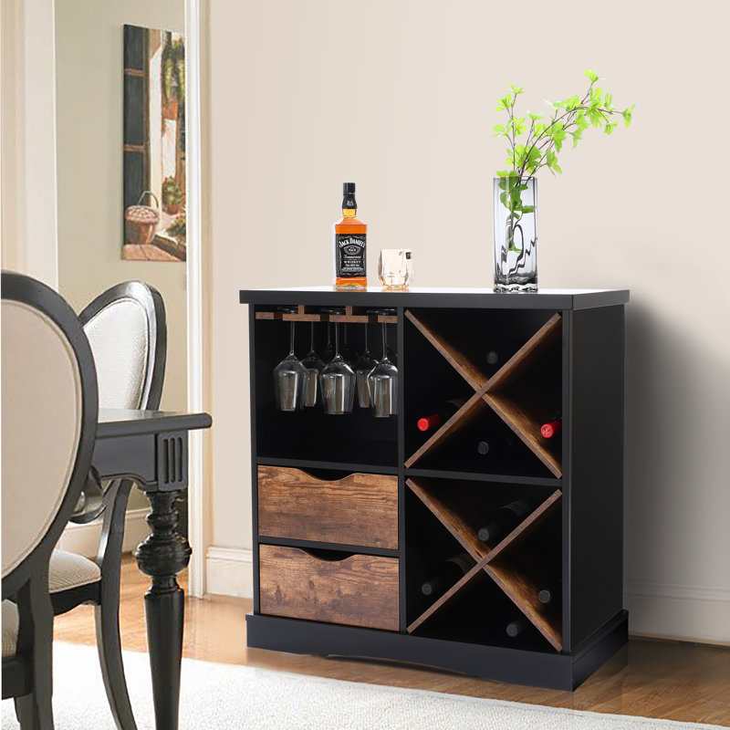 Farmhouse Home Bar Cabinet with Wine Rack and Glass Holder Storage