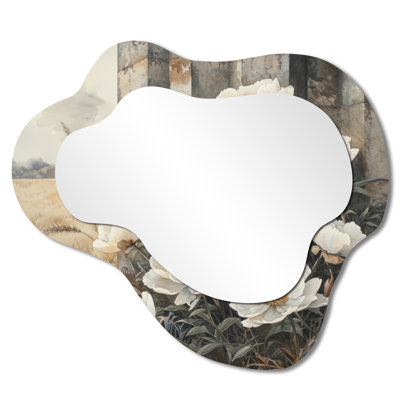 Winter Peonies By The Silo - Peonies Asymmetrical Wall Mirror, Traditional Vanity Mirror, Printed on Metal