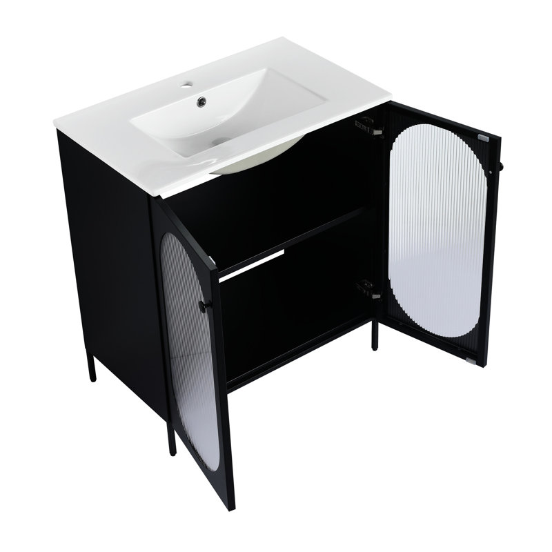 Armoire de salle de bain autoportante de 30 pouces, lavabo en céramique, structure en acier laminé à froid et style moderne avec deux portes, tablettes réglables, poignées en métal, meuble-lavabo noir avec lavabo - instrument