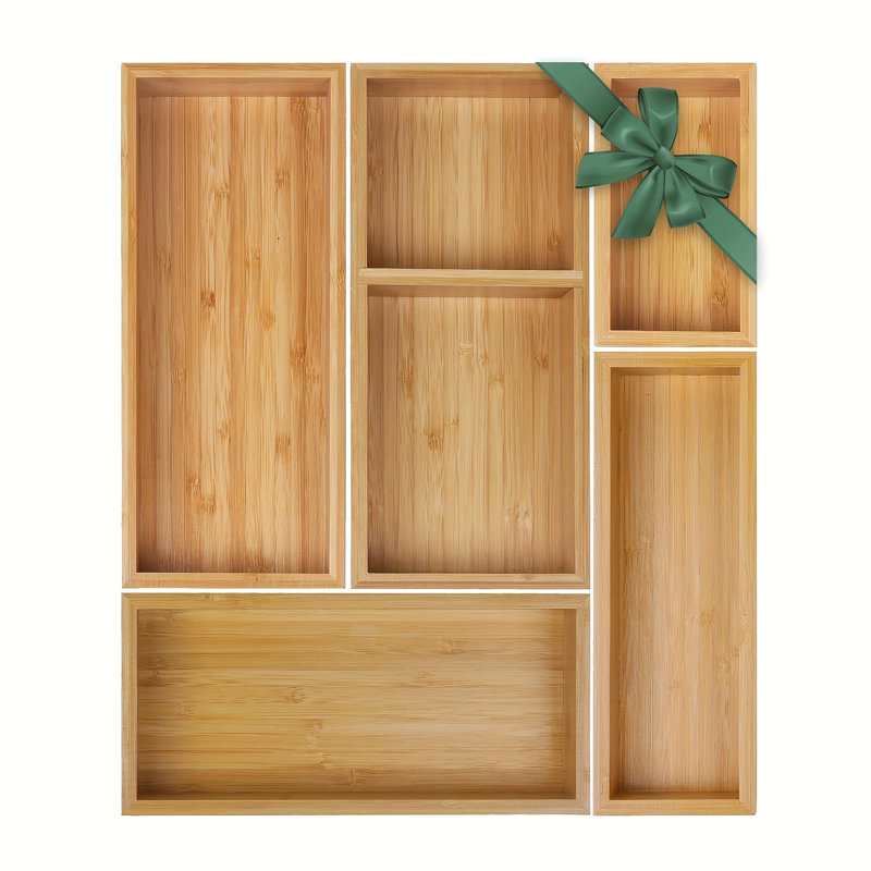 Bamboo Drawer Organizer 5pcs for Kitchen Multi-purpose Storage Dividers for Kitchen, Office, Jewellery, Cosmetics, Wooden Drawer Dividers for Drawer Organizer Desk Organizer,