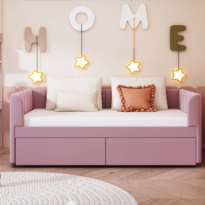 Twin Size Upholstered Daybed With 2 Drawers, Pink