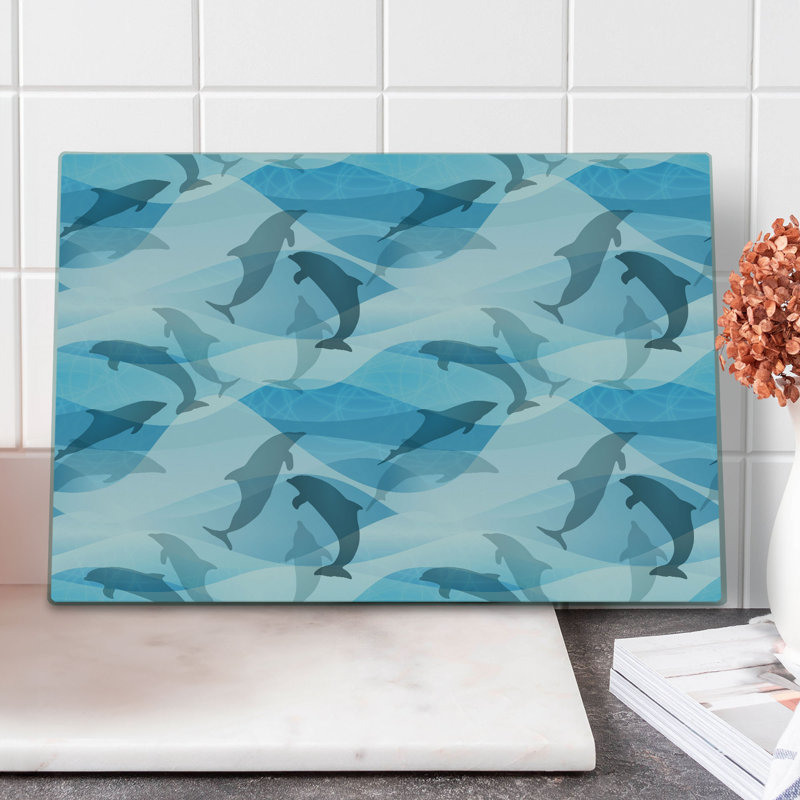 Ambesonne Dolphin Cutting Board Large Size Underwater Fish Pattern Blue and Grey