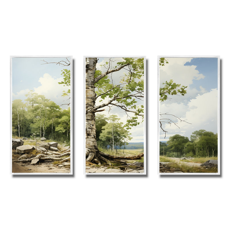 Birch Tree Forest Essence 2 - Art mural arbre, Cadre flottant blanc, H 28 po x l 36 po x P 1 po