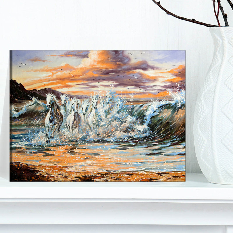Peinture animalière, "Chevaux des vagues", H 8 po x l 12 po x P 1 po