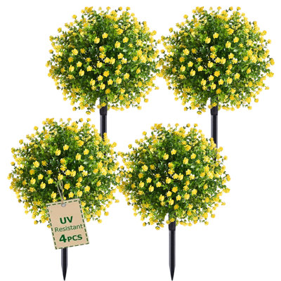 4 boules topiaires artificielles en forme de buis avec fleur, 21 "faux arbustes d'extérieur résistants aux rayons UV avec des pointes pour Noël et un décor de l'Action de grâce, fausses buissons avec fleurs pour le porche, le pot de fleurs et l'intérieur