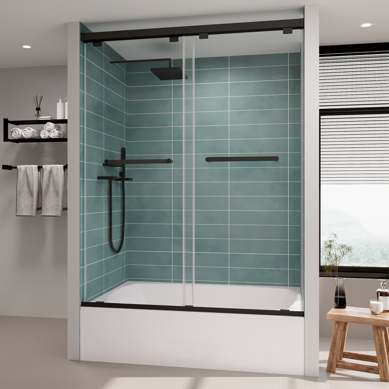 ROOMTEC Frameless Bathtub Shower Doors 56-60 W x 60 H, Double Sliding Tub Shower Door with Tempered, Black