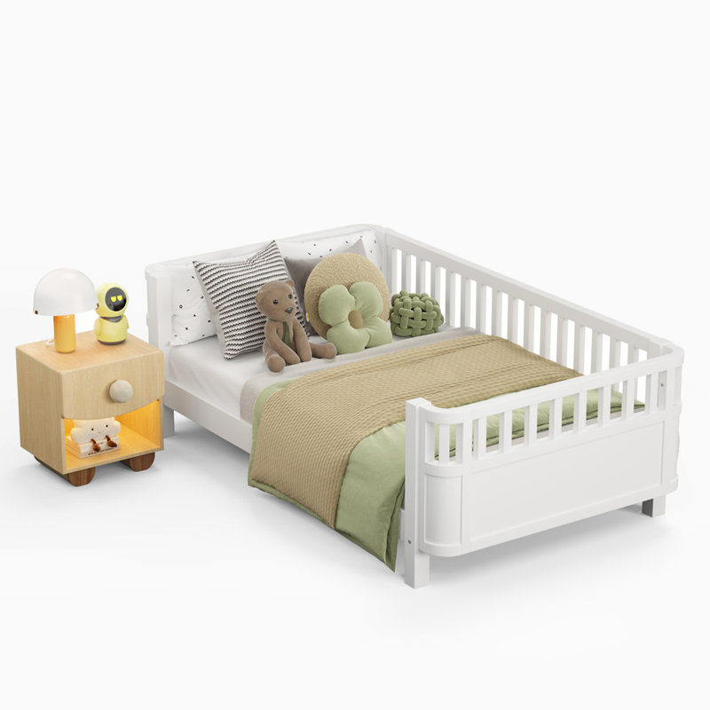 Twin Size Wood Platform Bed for Kids, Wood Low Profile Twin Bed with Rails for Girls and Boys, Twin, White
