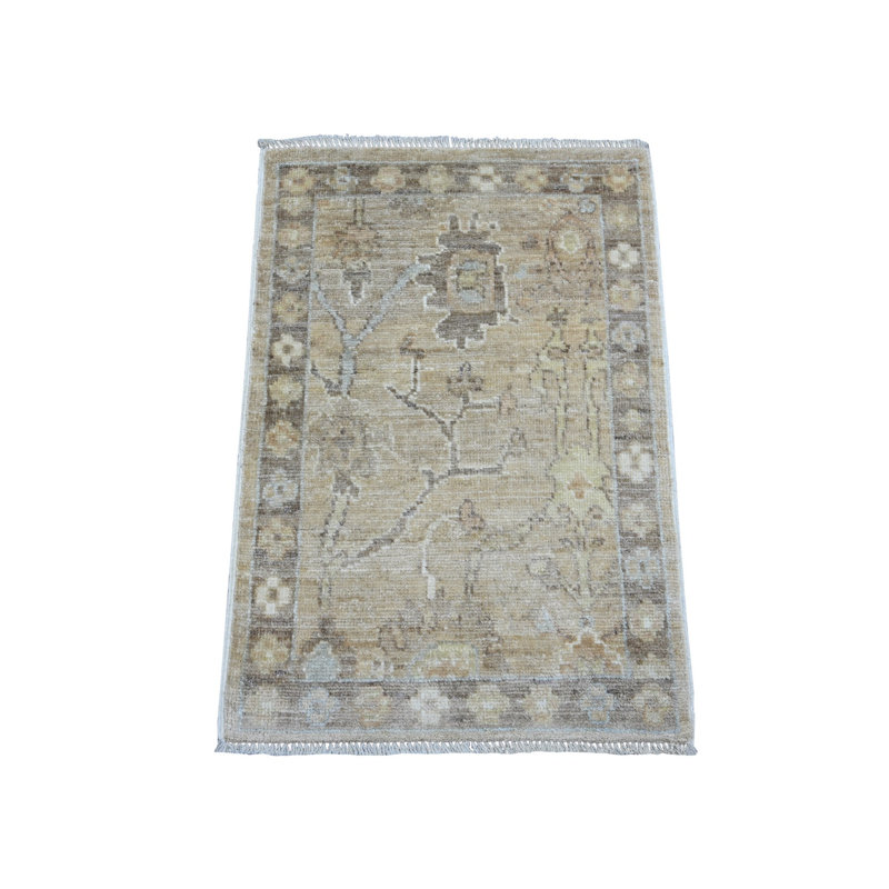 Tapis oriental brun clair 2 pi x 3 pi, motif angus afghan Oushak avec motif de feuilles, teintes naturelles, noué à la main, 100% laine, tapis, échantillon