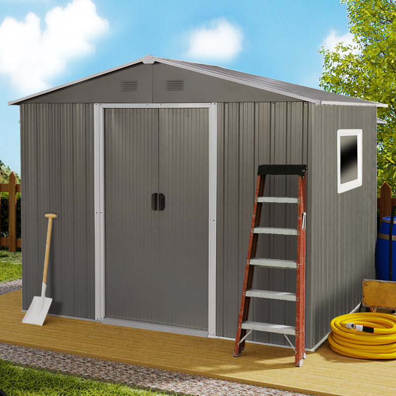 Remise de rangement extérieure en métal avec fondation en métal et fenêtre, H 74,8 po x l 88,98 po x P 63,78 po, Gris