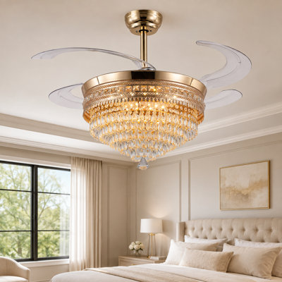 Ventilateur de plafond rétractable en cristal de 122 cm avec lumière, moteur CC à 6 vitesses et télécommande