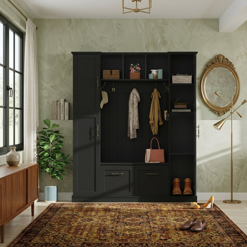Elegant Design, Hall Tree With Open Storage & Bench For Entryway, Black