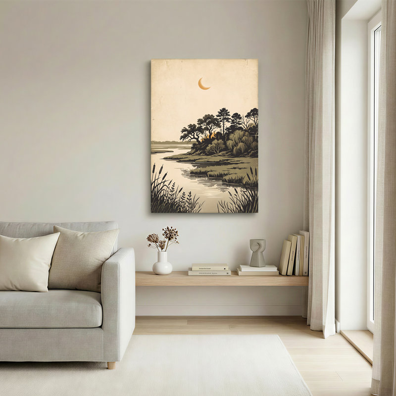 «River Trees and Crescent Moon», art mural sur toile demi-teinte rétro, H 18 po x l 12 po