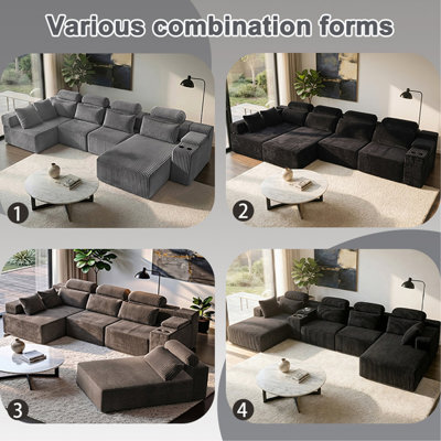 Canapé moderne en velours côtelé noir à 6 places avec méridienne et porte-gobelet - Canapé modulaire à compression surdimensionné de 145,7 pouces, idéal pour les cinémas maison, les espaces de vie luxueux, assemblage sans outil