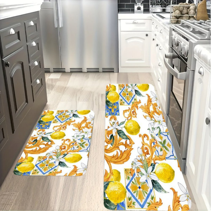Tapis de cuisine jaune, orange, baroque et citron, 2 pièces, pour la cuisine et le vestibule