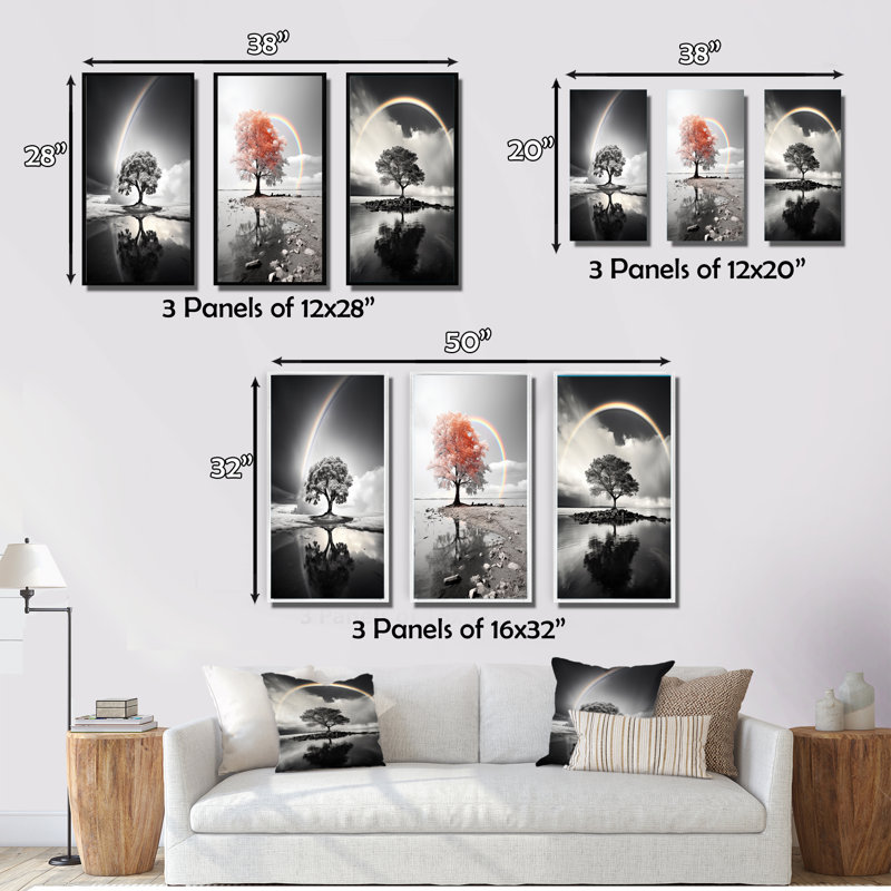 «Rainbow Grayscale Arc Over Tree», 3 pièces sur toile, Toile tendue, H 40 po x l 60 po