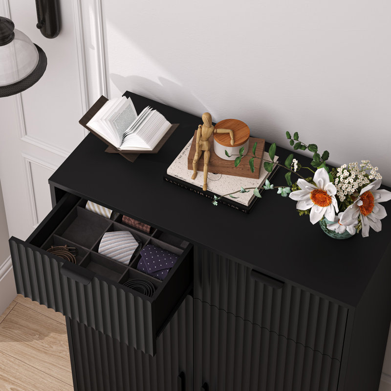 Range-chaussures moderne avec portes à conception ondulée et 2 tiroirs, organisateur de rangement de 31,5 po de largeur pour le vestibule avec tablettes réglables W l 31,5 po x H 45,28 po x P 14,57 po
