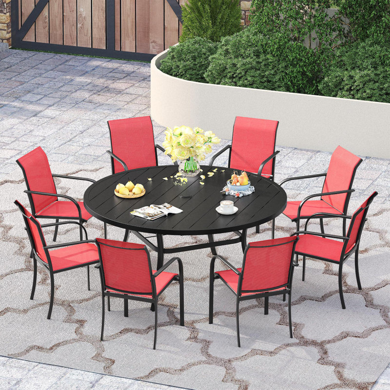 60" Patio dining set with Metal Round Dining Table and Stackable Armrest Dining Chairs, Black/Red