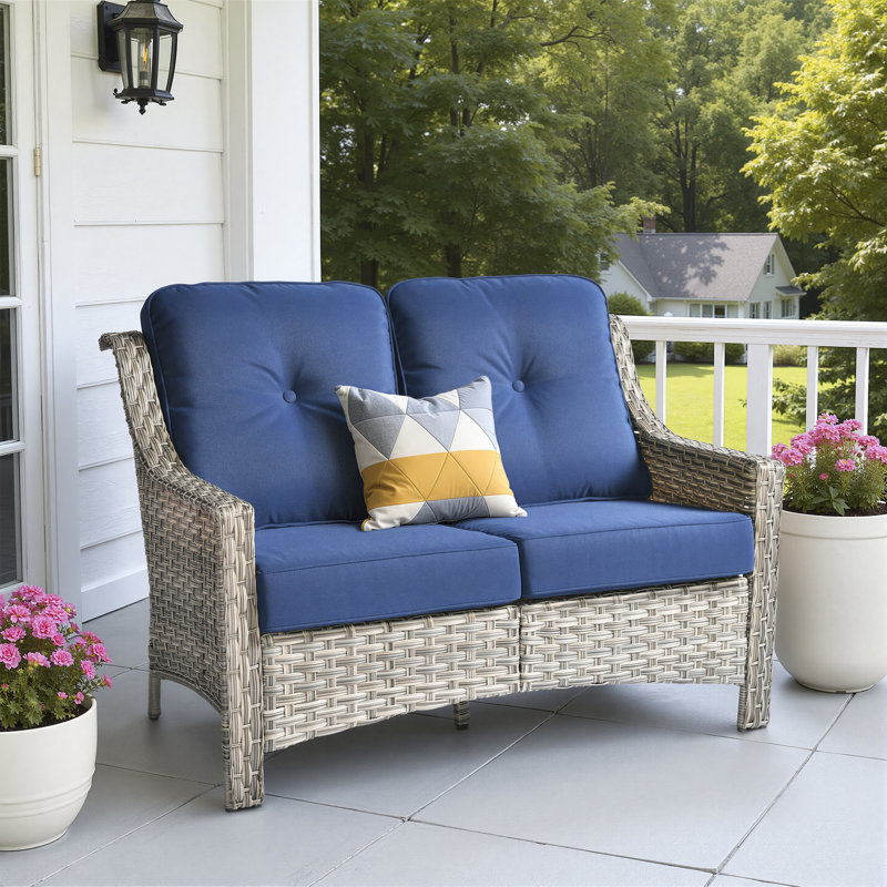 50.8" W 2-Seat Outdoor Patio Loveseat With 3.54" Thick Cushions, Pe Wicker Rattan Sofa With Steel Frame, High Back Tufted Cushion