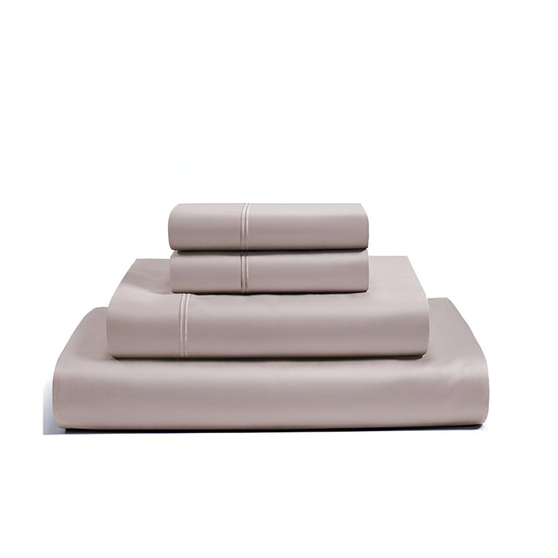 400TC Luxurious Double Embroidery Sateen Solid Cotton 4 Piece Sheet Set Fitted Sheet Fits Upto 16" Deep Pocket, Taupe