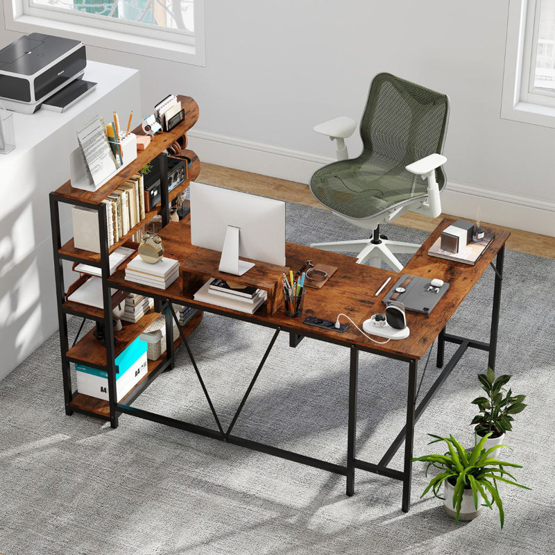 L-Shaped Metal Base Computer Desk, Brown/Black