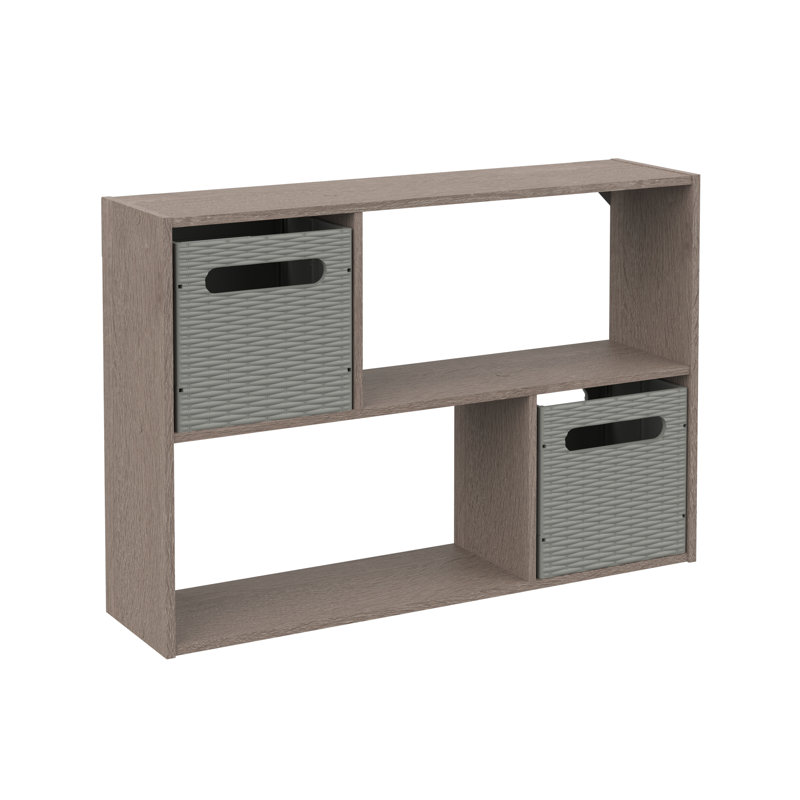 Mini Offset 4-Cube Desktop or Wall Mount Organizer with 2 Collapsible Bins, Weathered Teak