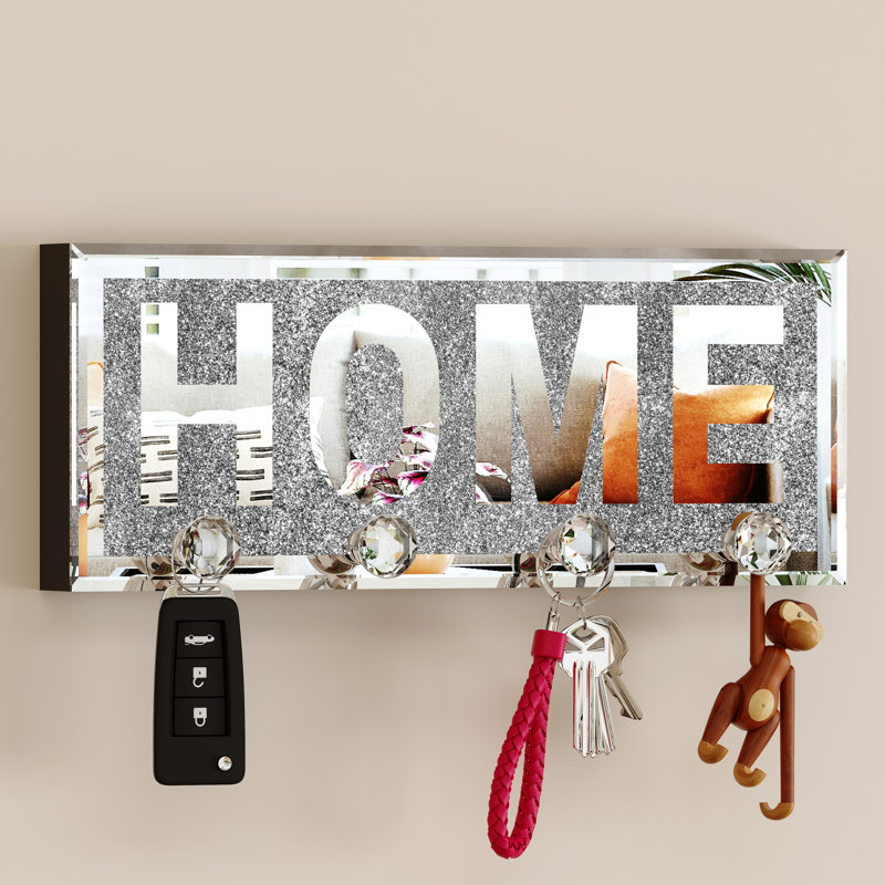 Fahrudin 11.8" x 4.7" x 0.5" Handmade Wall Key Hook with Mirror, Home Letter