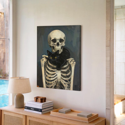 Wall Art Skeleton With Black Cat Gothic Companionship And Quiet Halloween Charm Wall Canvas Ready To Hang Gallery Wrapped Home Decor