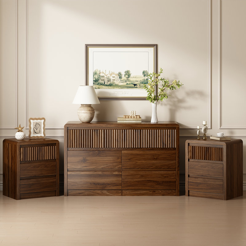 Ensemble de chambre à coucher 3 pièces, commode 7 tiroirs et 2 tables de chevet, armoire de rangement cannelée avec tiroir, dispositif anti-basculement