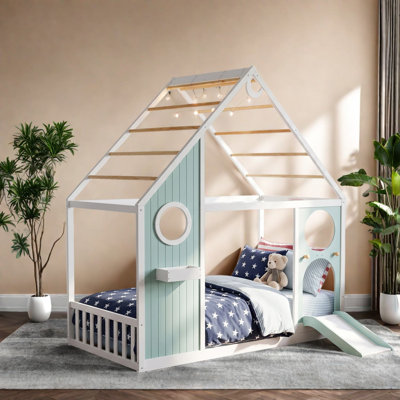 Lits jumeaux cabane, maisonnette moderne bleue avec glissade en bois MDF LVL pour chambre d'enfant