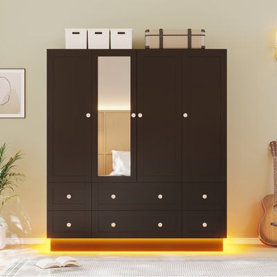 Freestanding Wardrobe Armoire with Mirror, 6 Drawers & RGB LED Light, Large Wooden Bedroom Clothes Storage Closet