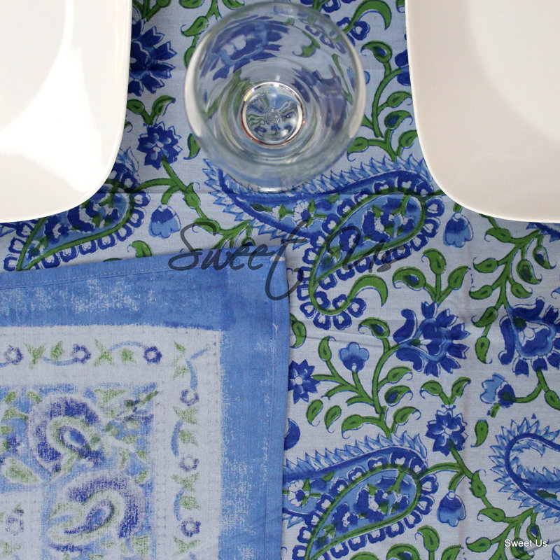 Barham Cotton Paisley Floral Hand Block Printed Tablecloth, 104" L x 88" W, Blue Green