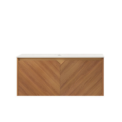 Meuble-lavabo mural 36 po avec portes en sergé de chêne brun, comptoir en pierre frittée blanc de Carrare, charnières à fermeture en douceur, sans lavabo / robinet (bois massif et contreplaqué)