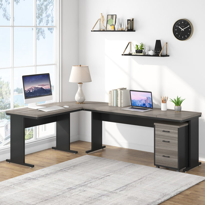 Bureau en L 83 po réversible avec classeur à roulettes et tiroirs - grand bureau de coin, poste de travail de bureau à domicile