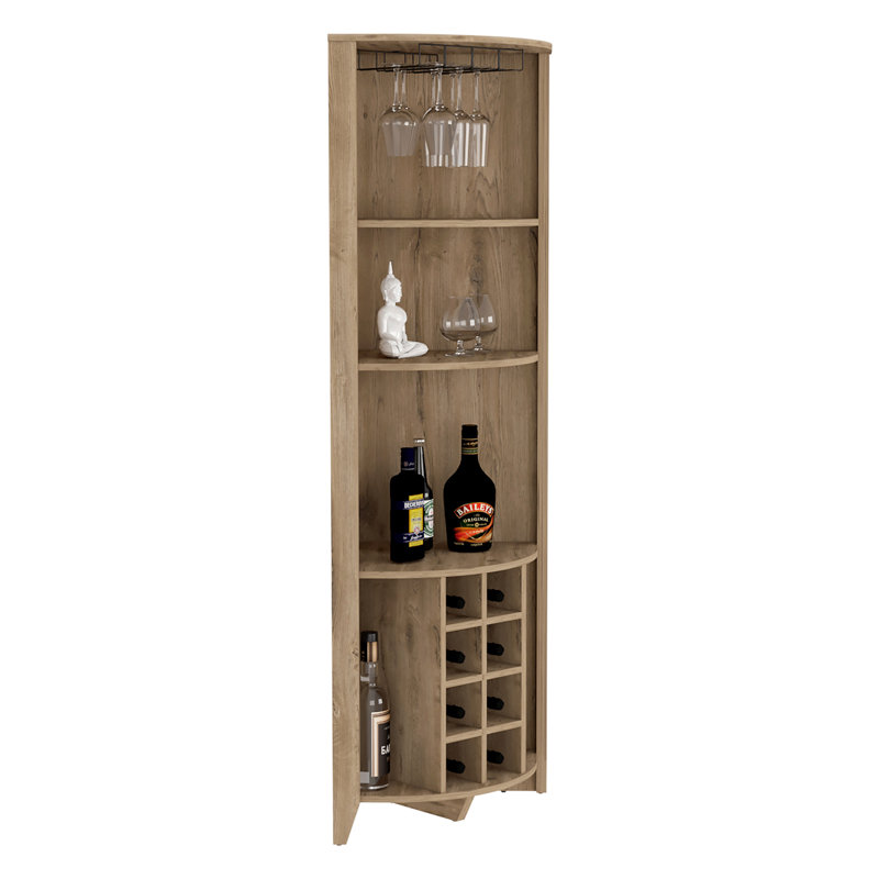 Armoire de coin Essential, trois tablettes, huit porte-bouteilles encastrés, deux tablettes latérales, Chêne clair