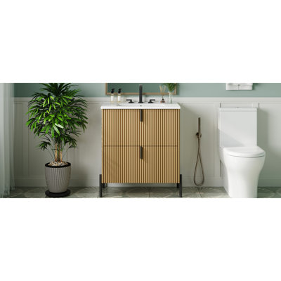 Meuble-lavabo autoportant de 30 po avec lavabo en céramique, tiroirs à extension et mécanisme de fermeture en douceur pour les salles de bain de style contemporain américain