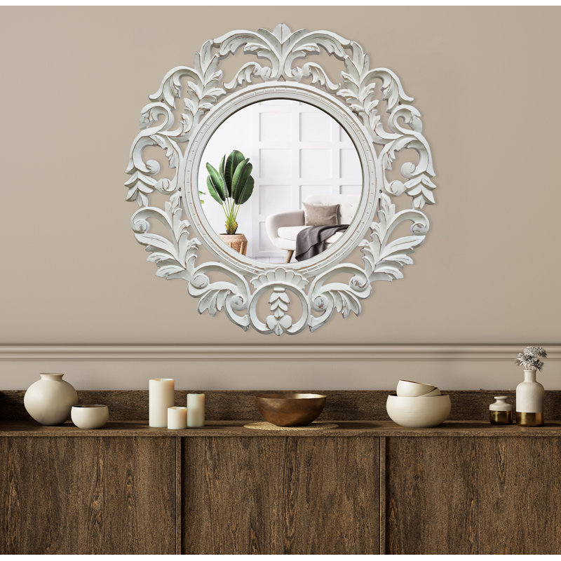Caelum Carved Wall Mirror | Round Mirrors for Bathroom, Living Room, Bedroom, Hallway, Entryway & Any Space | Round 30x30” / White
