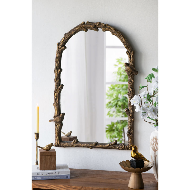 Miroir mural 24 po x 1,5 po x 34 po magnésien avec motifs botaniques et oiseaux dorés