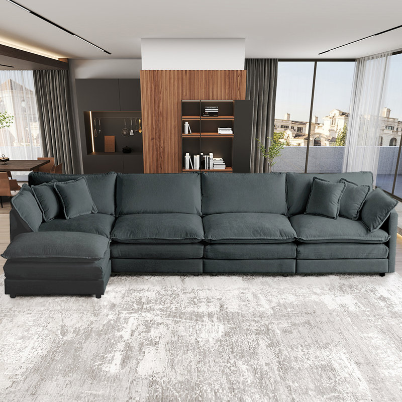 Canapé modulaire en L 146,5 po avec repose-pieds mobile, Gris chenille