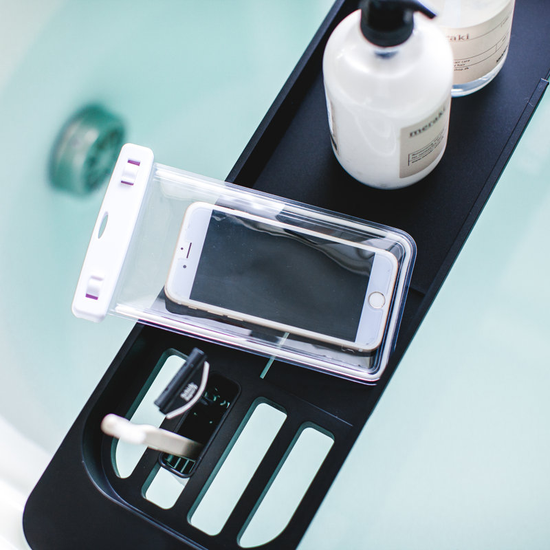 Black Expandable Plastic Bathtub Caddy with Storage