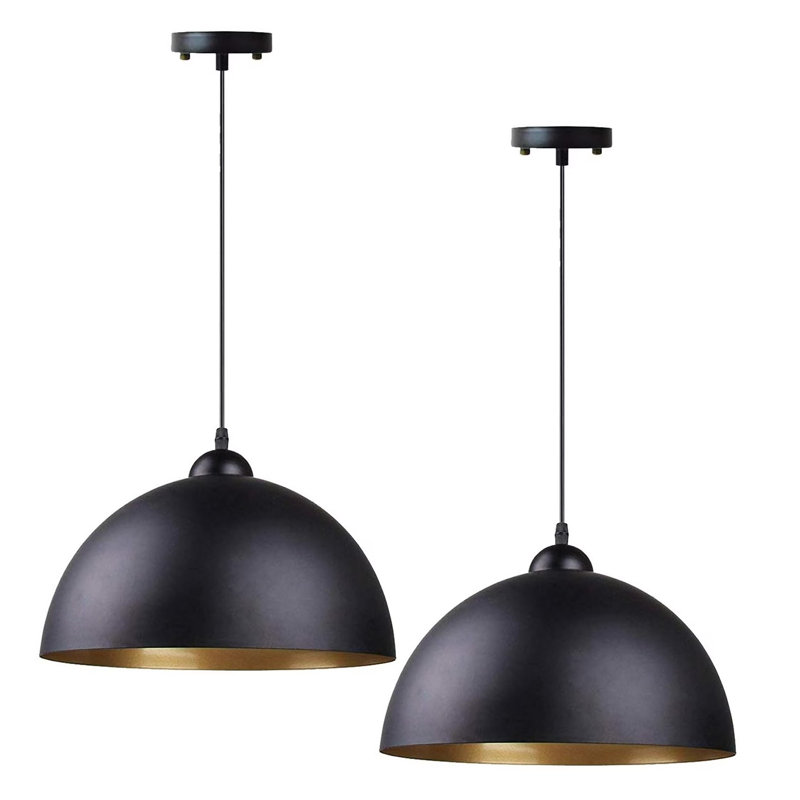 2 - Light 12" Industrial Pendant Light with Black Metal Dome Shape for Kitchen Island Dining Room