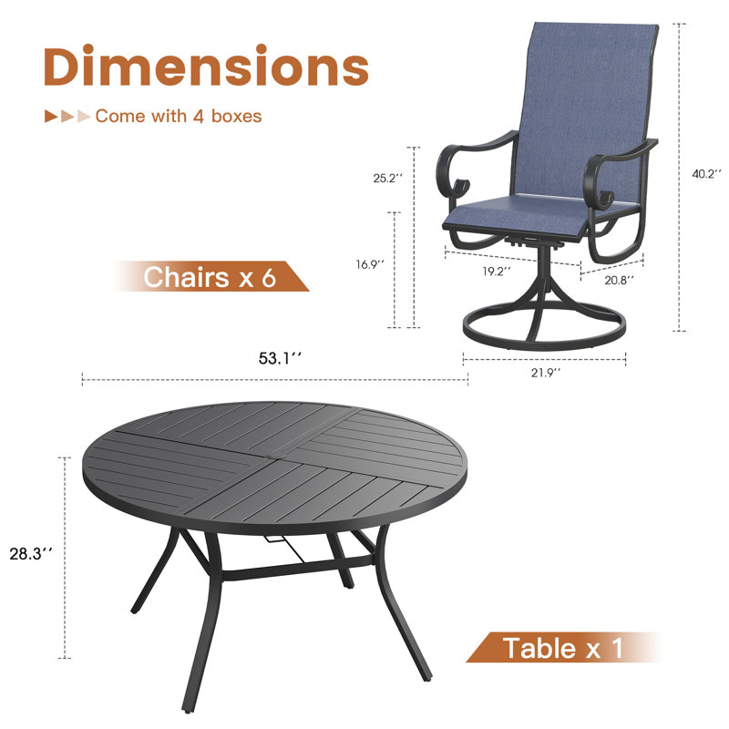 Ensemble de salle à manger pour 6 personnes avec table de salle à manger ronde en métal 53 po et 6 chaises de salle à manger pivotantes en textilène