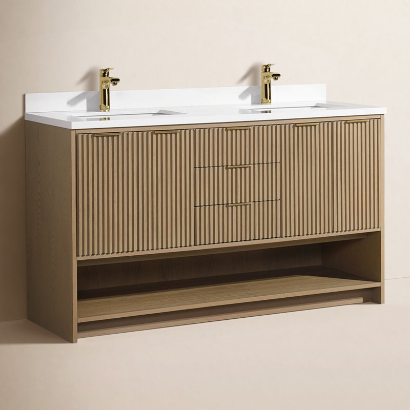 55'' Double Bathroom Vanity with Quartz Top, Oak