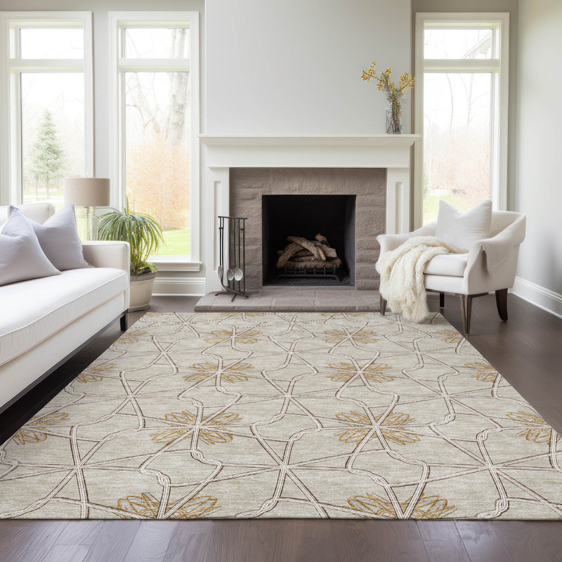 Ivory Geometric Flat Woven Synthetic 5' x 7' Rug