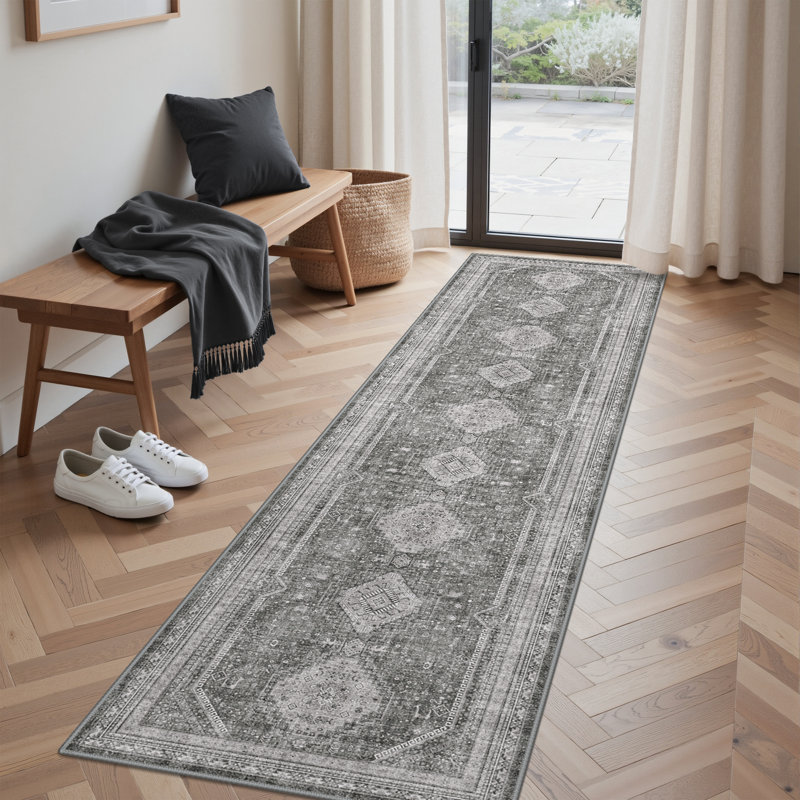 Vintage Neutral Oriental Gray / Black Machine Washable Non-Slip Indoor Runner Rugs, Runner 2' x 7'