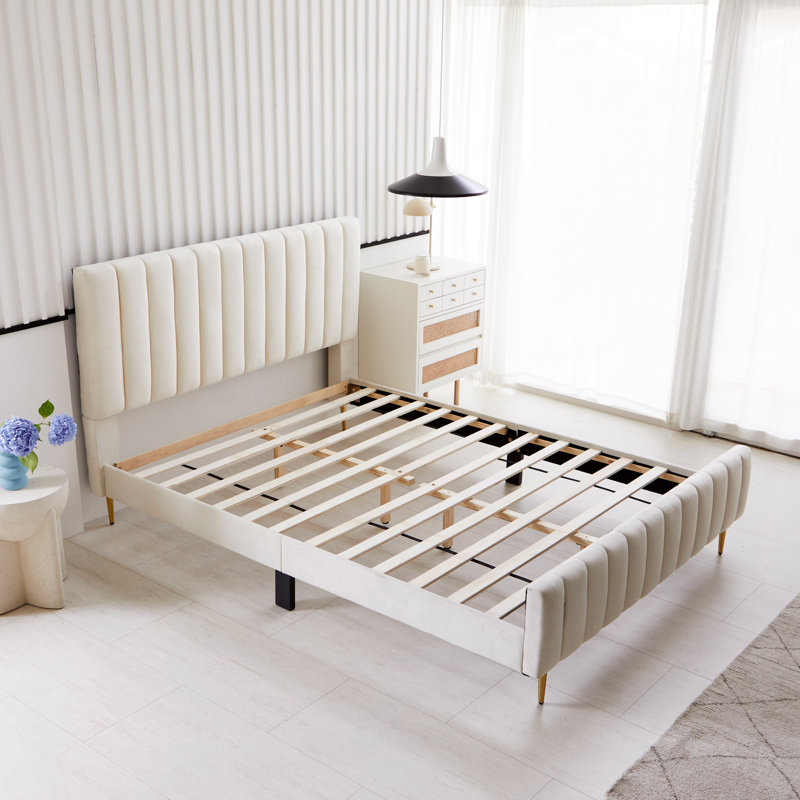 Velvet Upholstered Wooden Platform Bed Frame with Headboard Footboard, No Box Spring Needed, Ivory, Queen